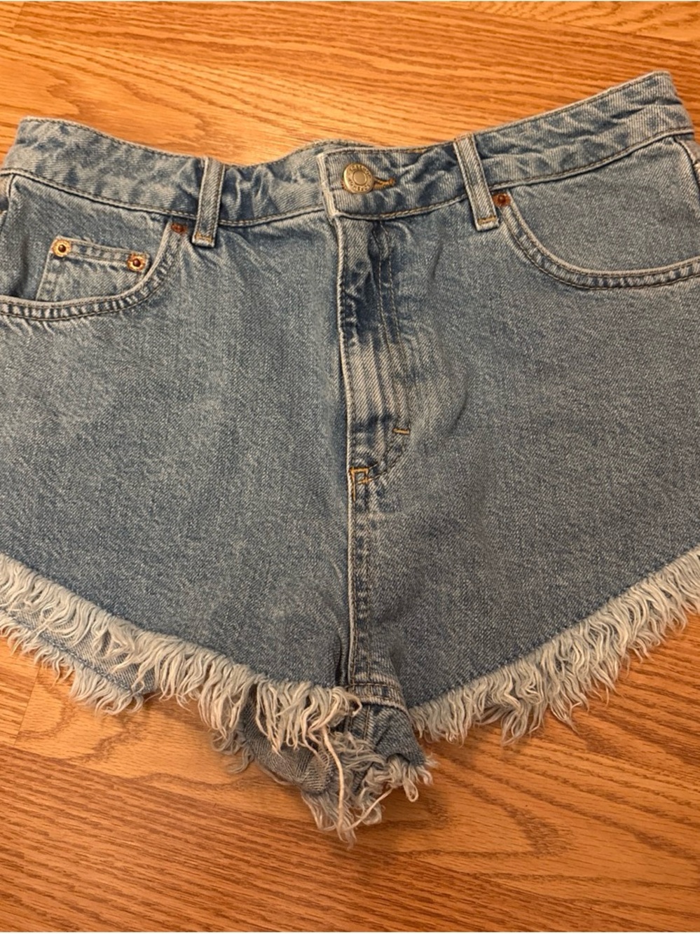 Topshop Light Blue High-Rise Frayed Denim Shorts